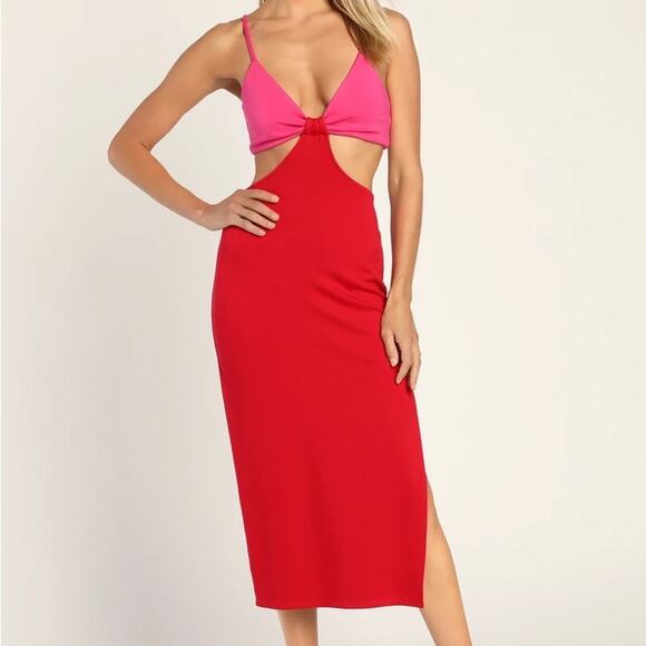 Lulus Posh Babe Red and Pink Color Block Cutout Midi Dress - Picture 1 of 7